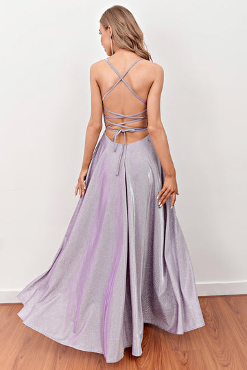 Lilac Deep V Neck Long Formal Dress with Cross Straps